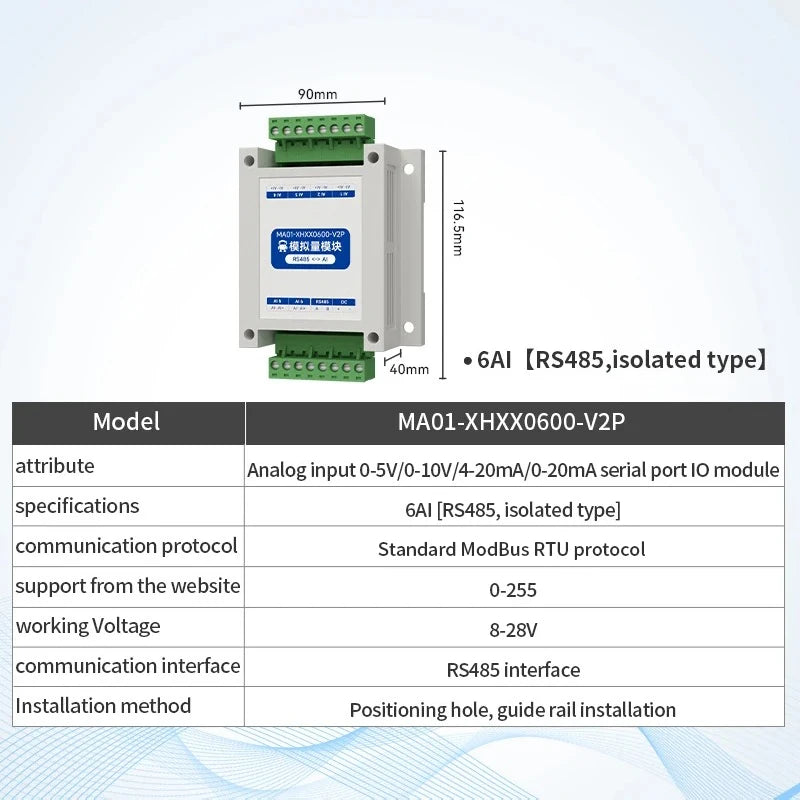 ModBus RTU Serial IO 1/2/4/6/8/10/12-Channel Analog Input Module RS485 CDSENET MA01-XHXX Rail Installation 8~28VDC Watchdog
