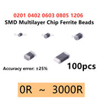 100pcs 0201 0402 0603 0805 1206 SMD Multilayer Chip Ferrite Beads 22R 30R 47R 60R 100R 120R 220R 300R 390R 470R 600R 1K Ω ohm