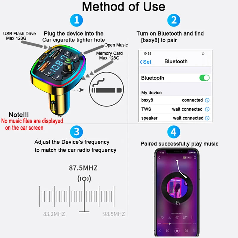 Bluetooth 5.0 Car FM Transmitter Hands Free Kit Dual USB Fast Car Charger Wireless MP3 Audio Receiver FM Modulator For All Phone