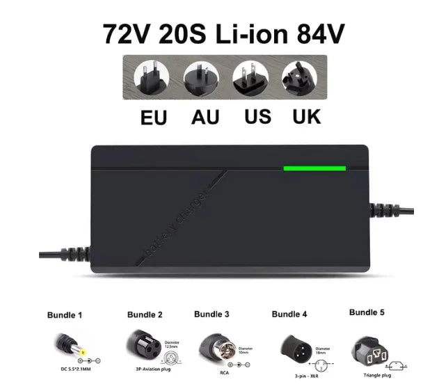 72V 60V 2A/3A/5A 20S 16S 18650 Lithium Battery Charger DC 5.5*2.1mm, Multiple Plug Options, Intelligent Charger EU/US/UK/AU