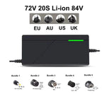 72V 60V 2A/3A/5A 20S 16S 18650 Lithium Battery Charger DC 5.5*2.1mm, Multiple Plug Options, Intelligent Charger EU/US/UK/AU