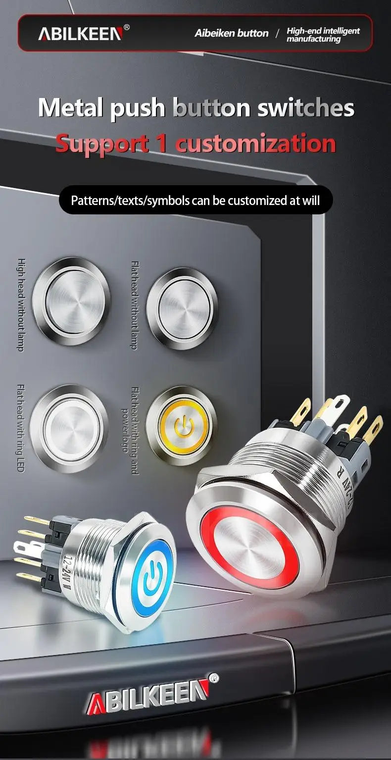 ABILKEEN 22/25MM 1NO1NC/2NO2NC Metal Push Button Switch IP65 Waterproof Momentary/Latching Push Button with LED Ring Light