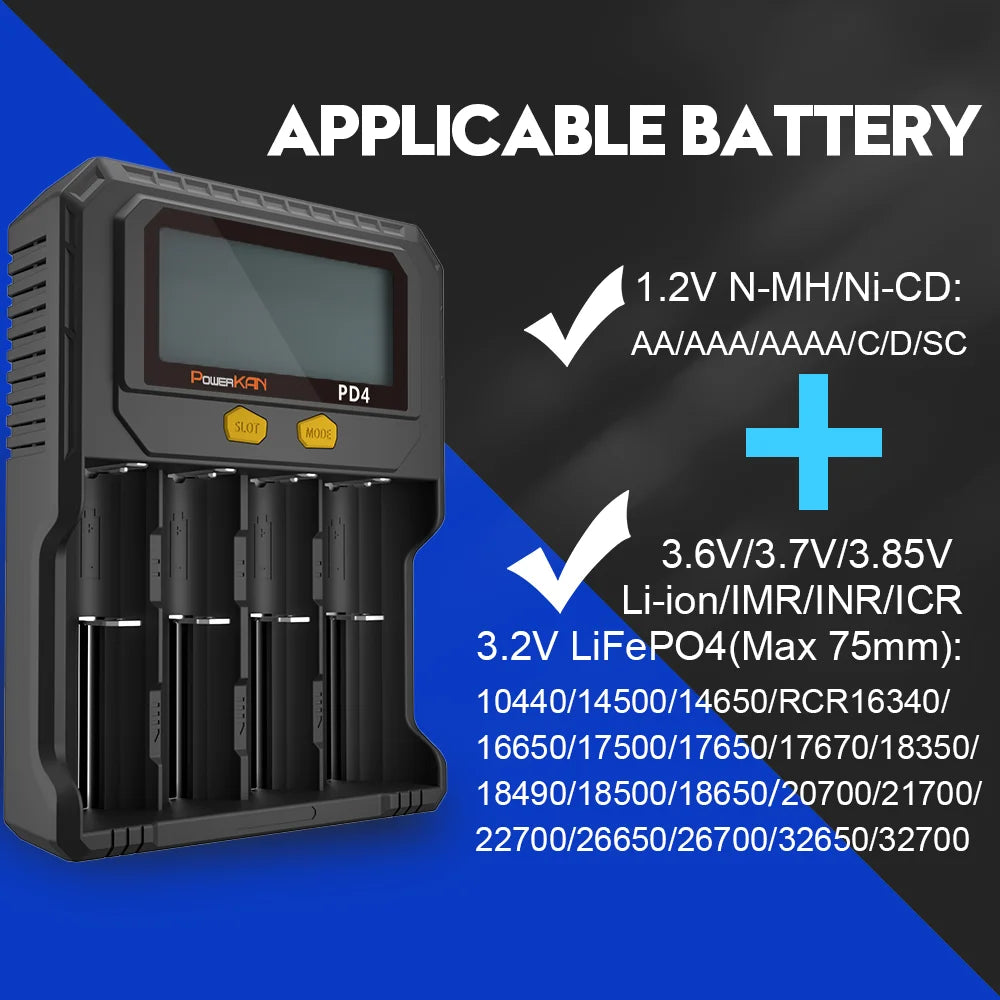 POWERKAN PD4 Smart Battery Charger with LCD Display Capacity Test for 18650 21700 26650 Li-ion Ni-MH Rechargeable Batteries