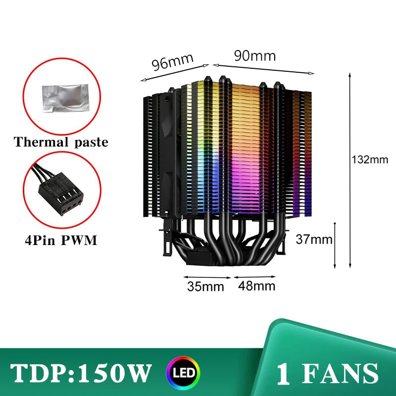 6 Heat Pipes CPU Cooler Black/White Silent RGB Cooling Fan for Intel LGA 1700 1200 1150 1151 1155 2011 X79 X99 1366 AMD AM5 AM4