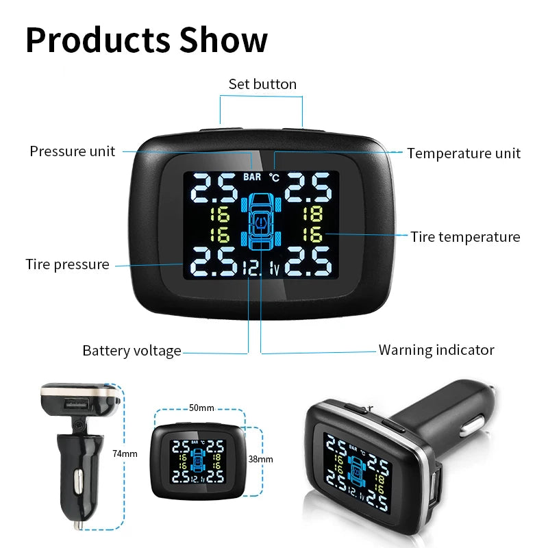 Smart Cigarette Lighter USB TPMS Car Tire Pressure Alarm Monitor System 4 Sensors Display Tyre Pressure Temperature Alarm
