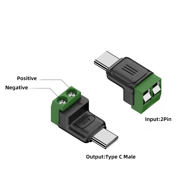 Type C/Micro Female To 2 Pin Terminal Block Solderless Charging Connector 5V USB C Screw Terminal Solderless Plug OTG Adapter