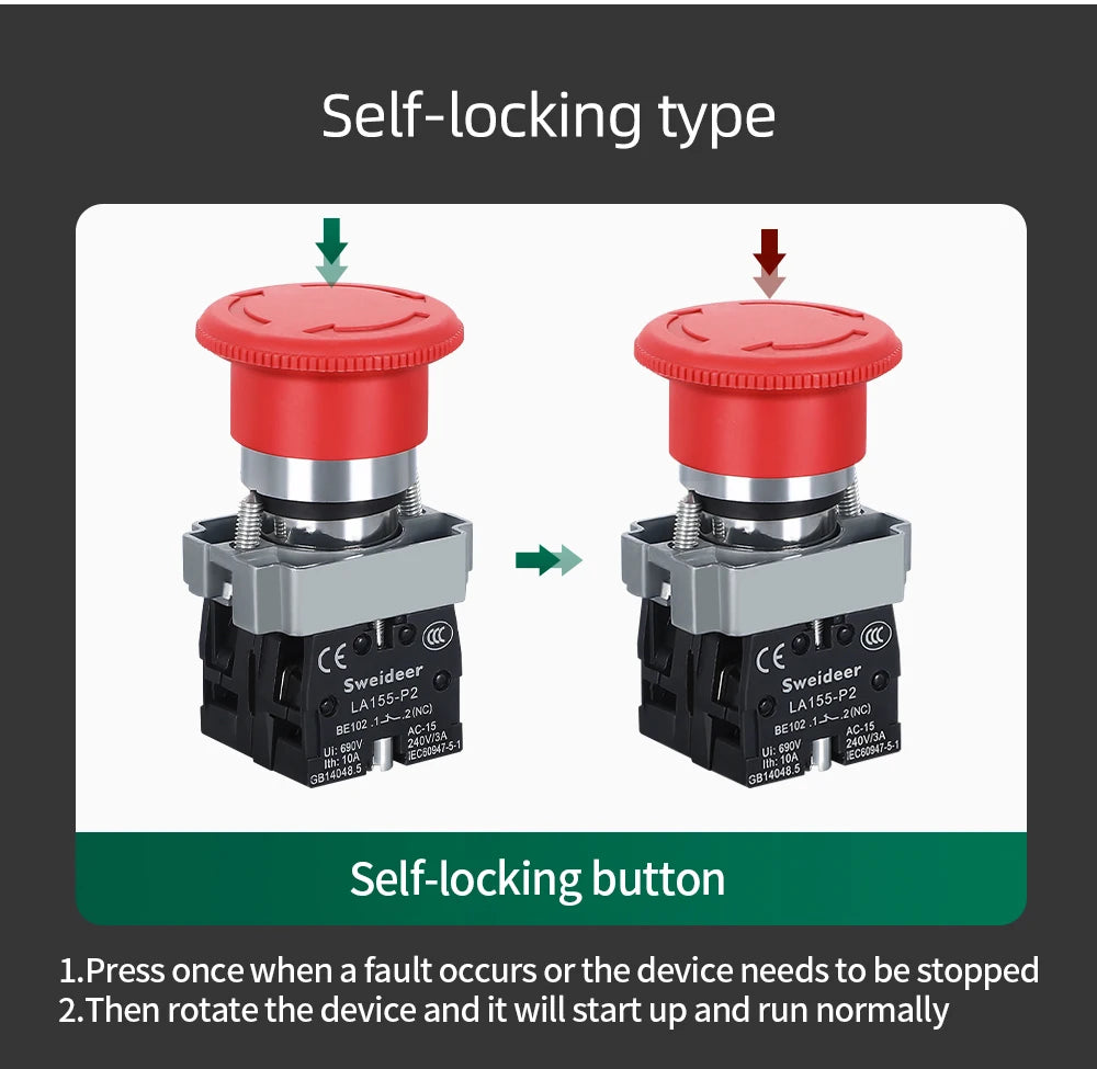 220V Emergency Stop Button Switch Rotate Locking XB2-BS542 BS442 BS642 BS142 10A Key Power Starter for Electrical Panelboad 22MM