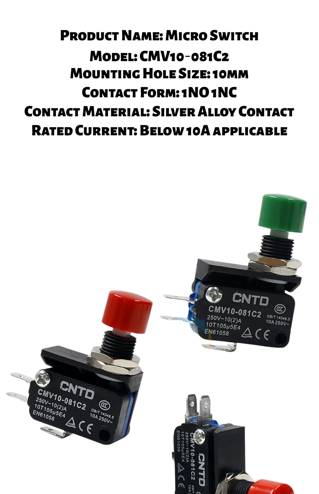 Micro Switch CMV10 081C, Short Roller Lever, Flame‑retardant Plastic Housing, Silver Contact, 1NO 1NC 16A 250VAC for Househ