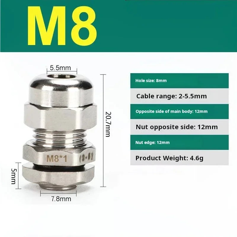 10pcs Waterproof Cable Gland Connector IP68 Nickel Plated Brass Metric Cable M6 M8 M10 M12 M14 M16 PG7 PG9 PG11 For 1-14mm Wire