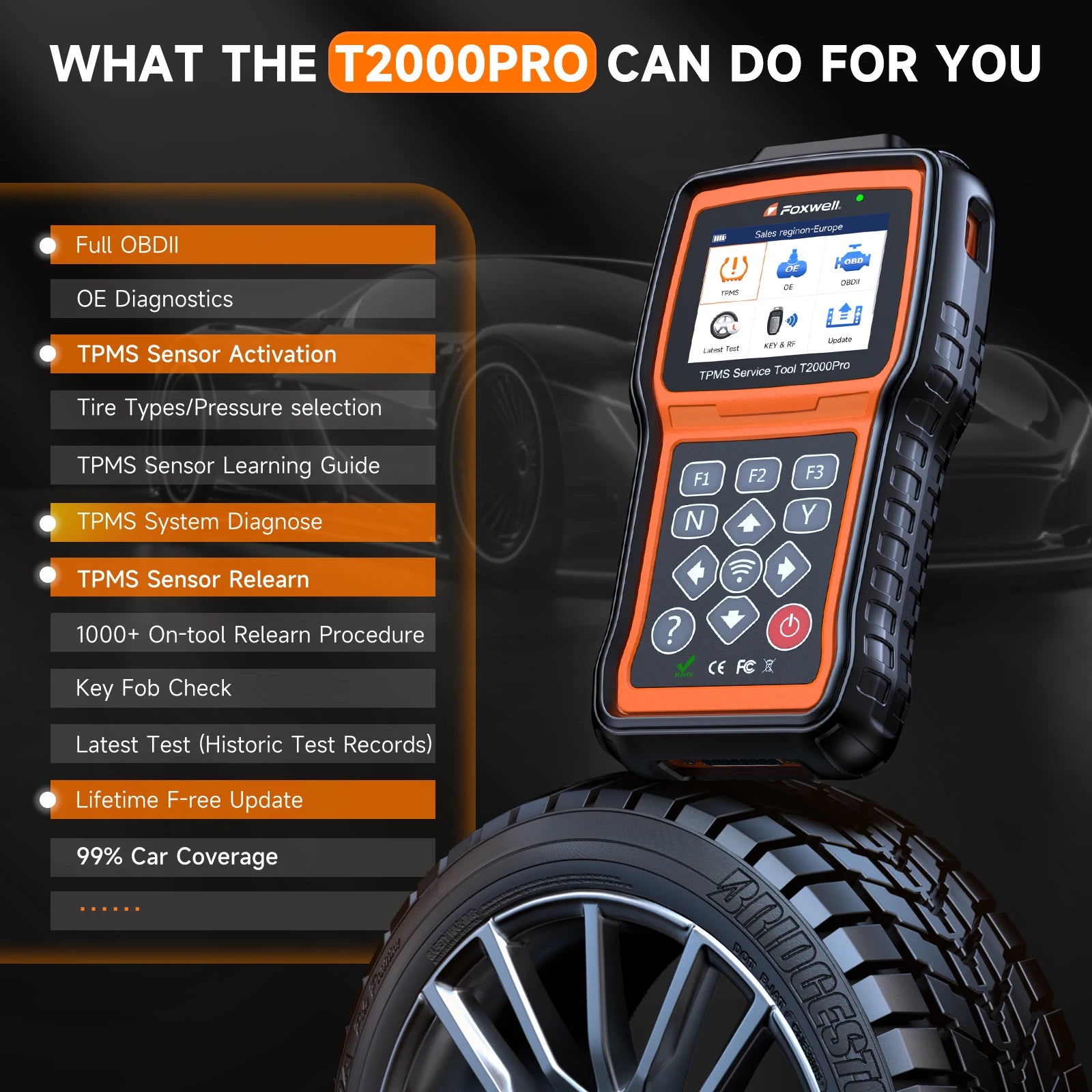 FOXWELL T2000 PRO TPMS Programming Tire Pressure Monitor TPMS Sensor Relearn Activate OBD2 Tire Pressure System Diagnostic Tool