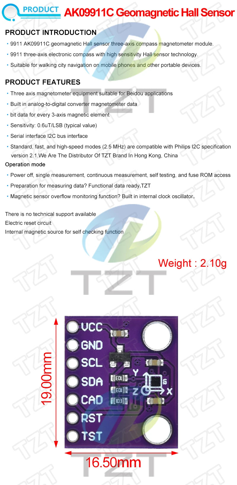 TZT 1/3PCS MCU-9911 AK09911C Geomagnetic Hall Sensor Three-axis Compass Magnetometer Module