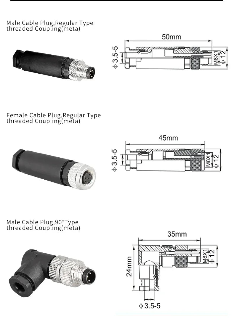 M8 3pin 4pin 5pin sensor connector waterproof male&female plug screw threaded coupling 3 4 5Pin