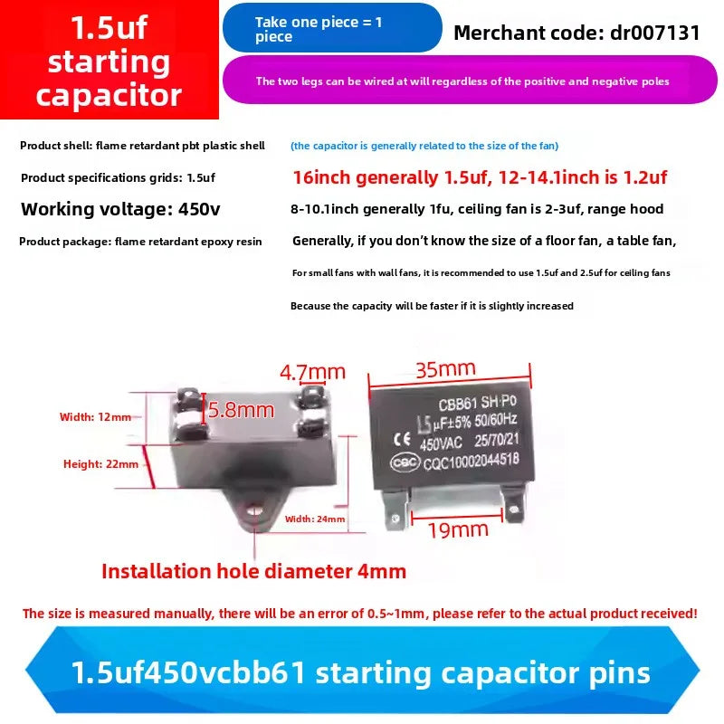 CBB61 Fan Air Conditioner Starting Capacitor 450V 1/1.2/1.5/2/2.5/3/3.5/4/4.5/5/6/7/8/10/12UF Ceiling Fan Hood Motor Capacitor