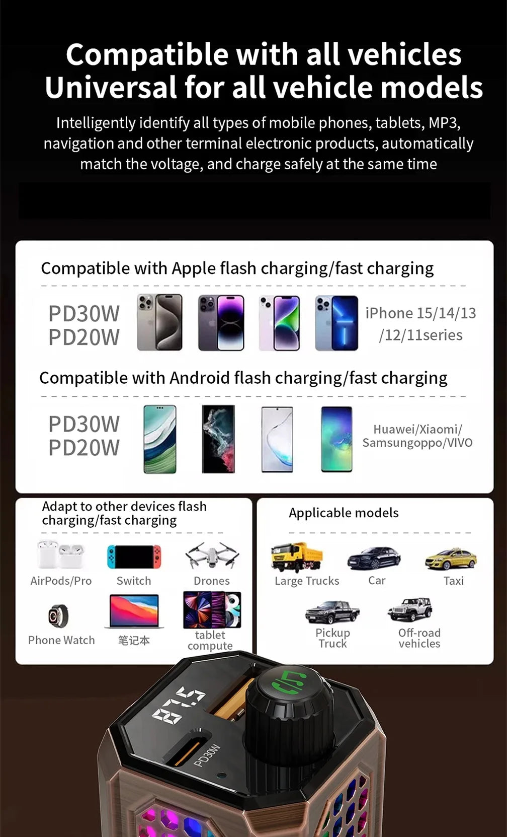 Car Adapter Bluetooth FM Transmitter For Car PD30W&QC3.0 Car Charger Bluetooth Adapter Zinc Alloy Color Light Hands-Free