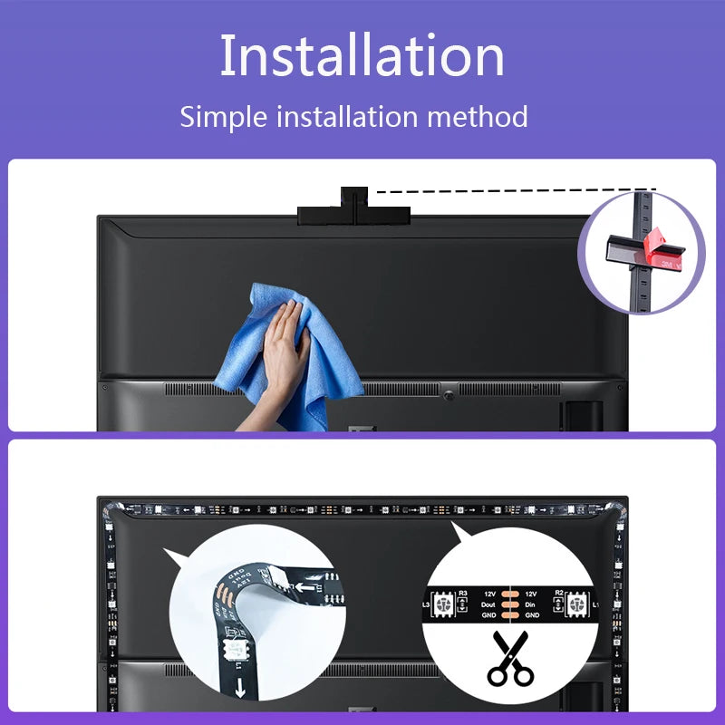 TV SYNC Backlight LED Strip Light USB Flexible Ribbon Diode Tape with RGBIC Color Capture Sensor Bluetooth APP Remote Control