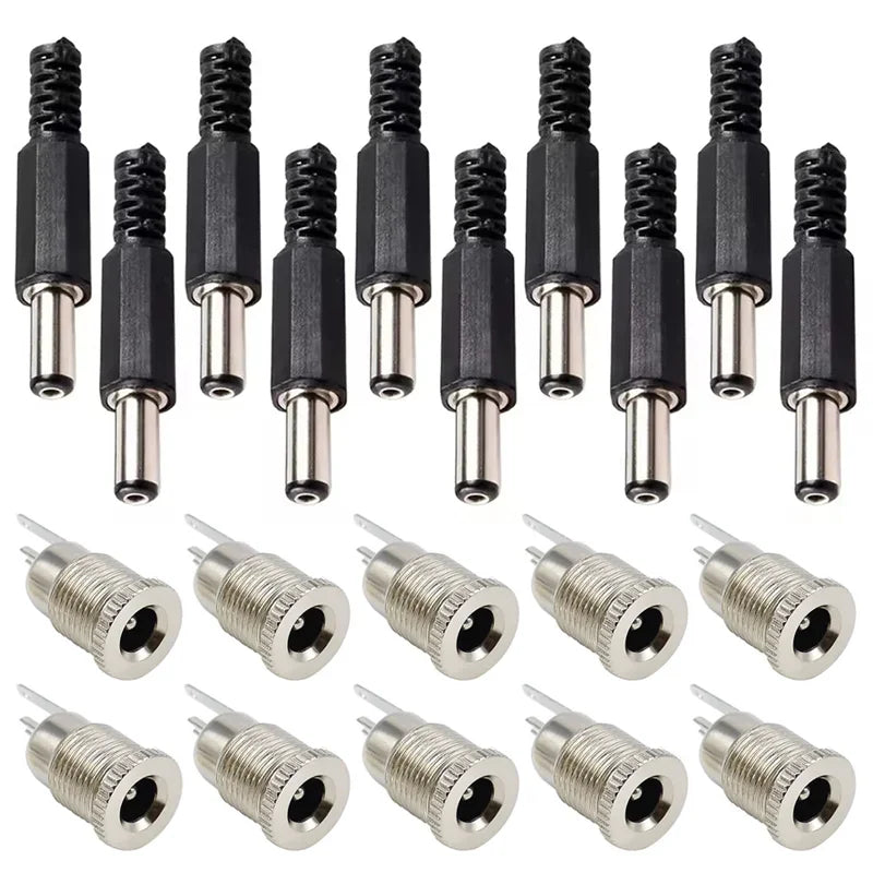 10Pairs DC Power Supply Jack Socket Female Panel Mount Connector 3-Pin 5.5x2.1mm 5.5mm*2.5mm Male DC Power Plug