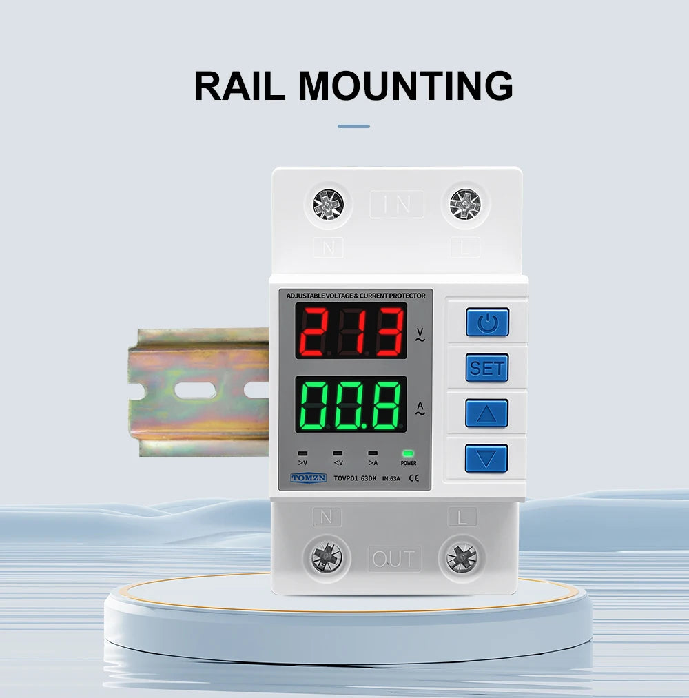 TOMZN TOVPD1-63DK Isolate L N 110V 230V AC Din Rail OVP OCP UVP Voltage Protector 63A Relay Automatic Adjustable Delay-ON