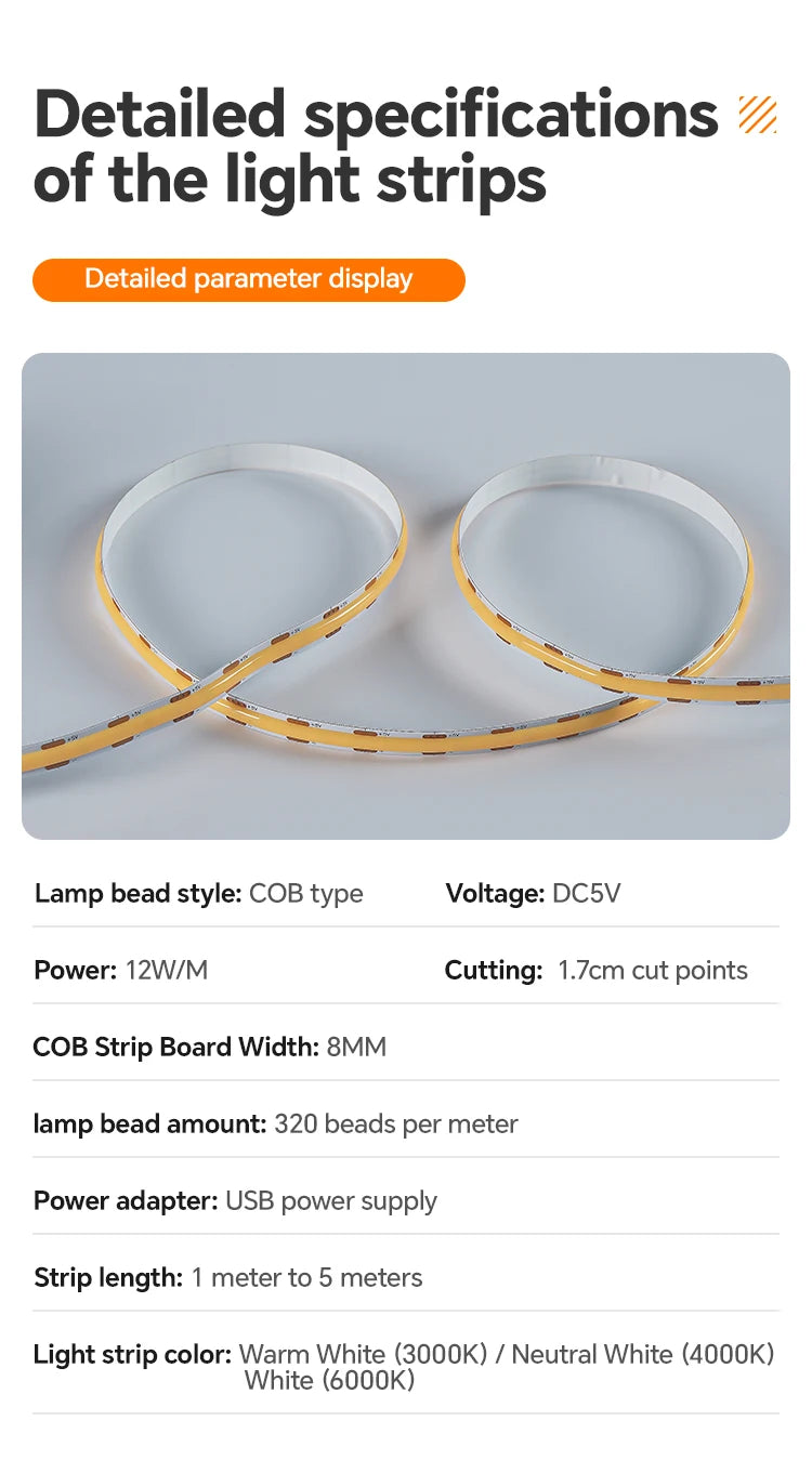 DC5V USB COB LED Strip Light 320LED/m High Density Flexible Self‑Adhesive LED Tape 3000K‑6500K For Cabinet TV Backdrop Decor