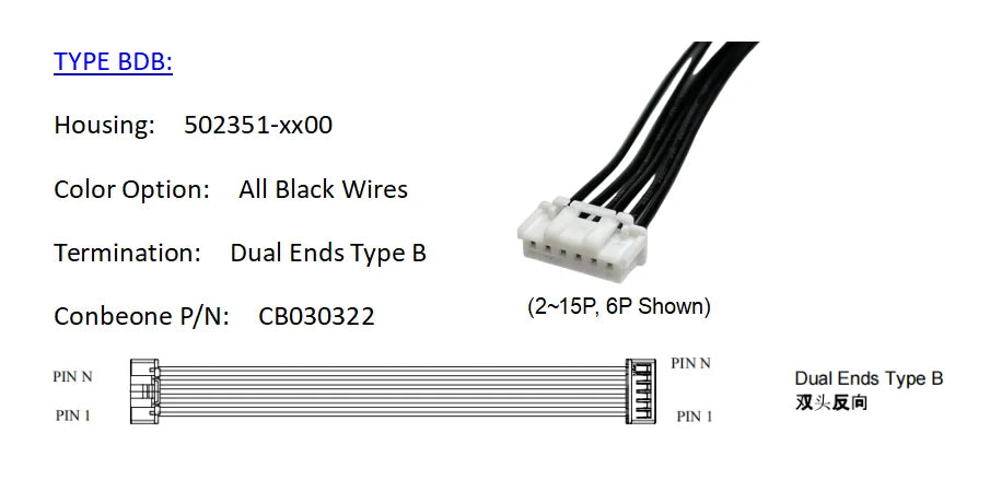 5023510600 Wire harness, MOLEX Duraclick Standard 2.00mm Pitch OTS Cable,502351-0600, 6P, Off The Shelf, 10Pieces Per Bag