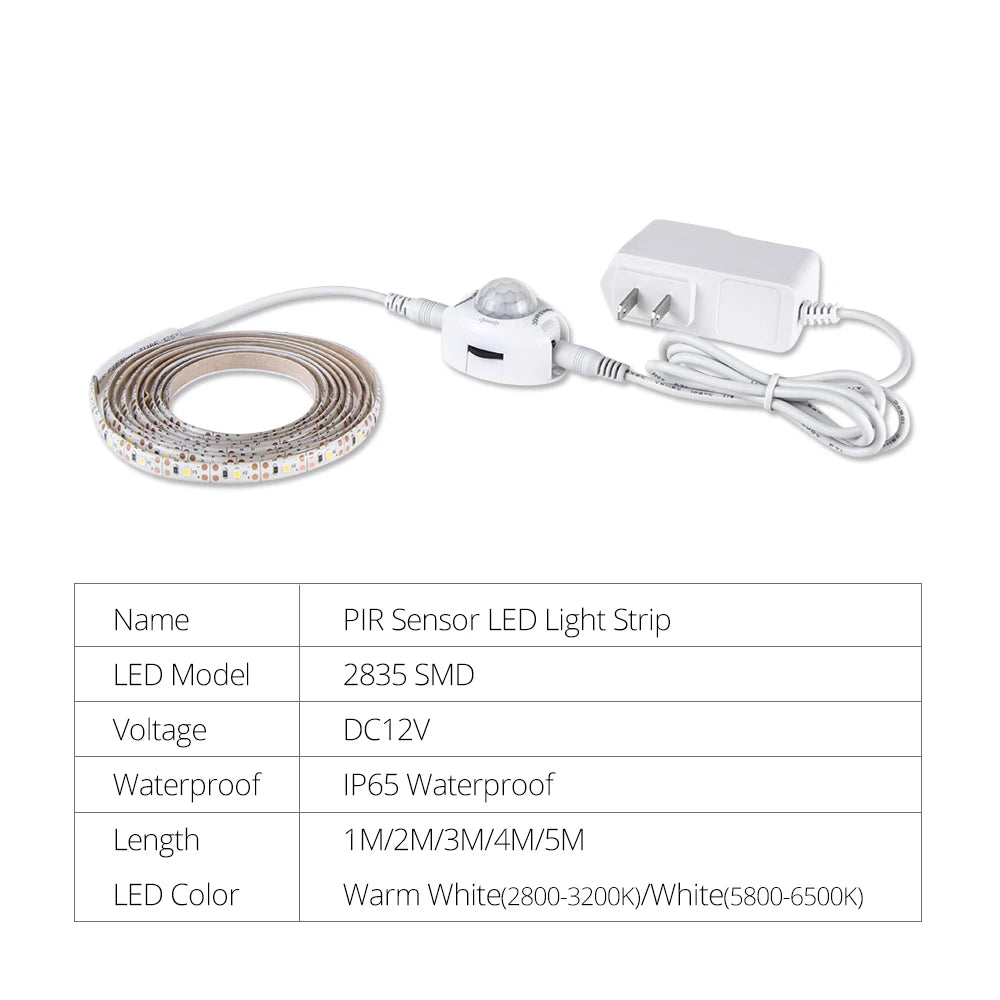12V PIR Motion Sensor LED Strip Lights Auto On/Off Stair Wardrobe Closet Kitchen Backlight 1M-5M Human Infrared Sensing LED Tape