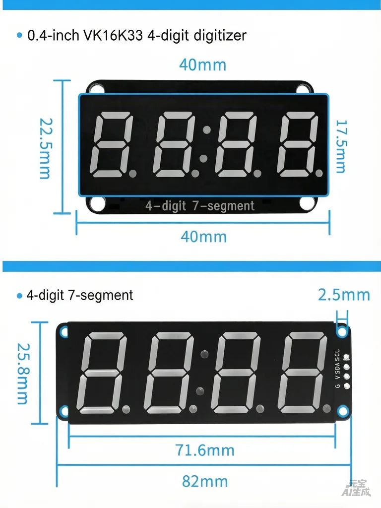 I2C 4-digit 7-segment LED Display Module, Supporting Coexistence of Decimals and Clocks I2C Digital Tube Compatible with HT16K33