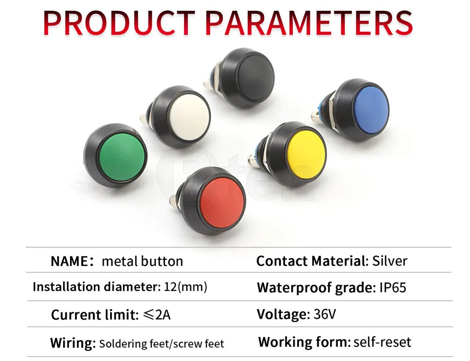 1Pcs 2Pin Mini Switch 12mm  2A waterproof switch  momentary Push button Switch reset Non-locking metal shell 1NO 36V color