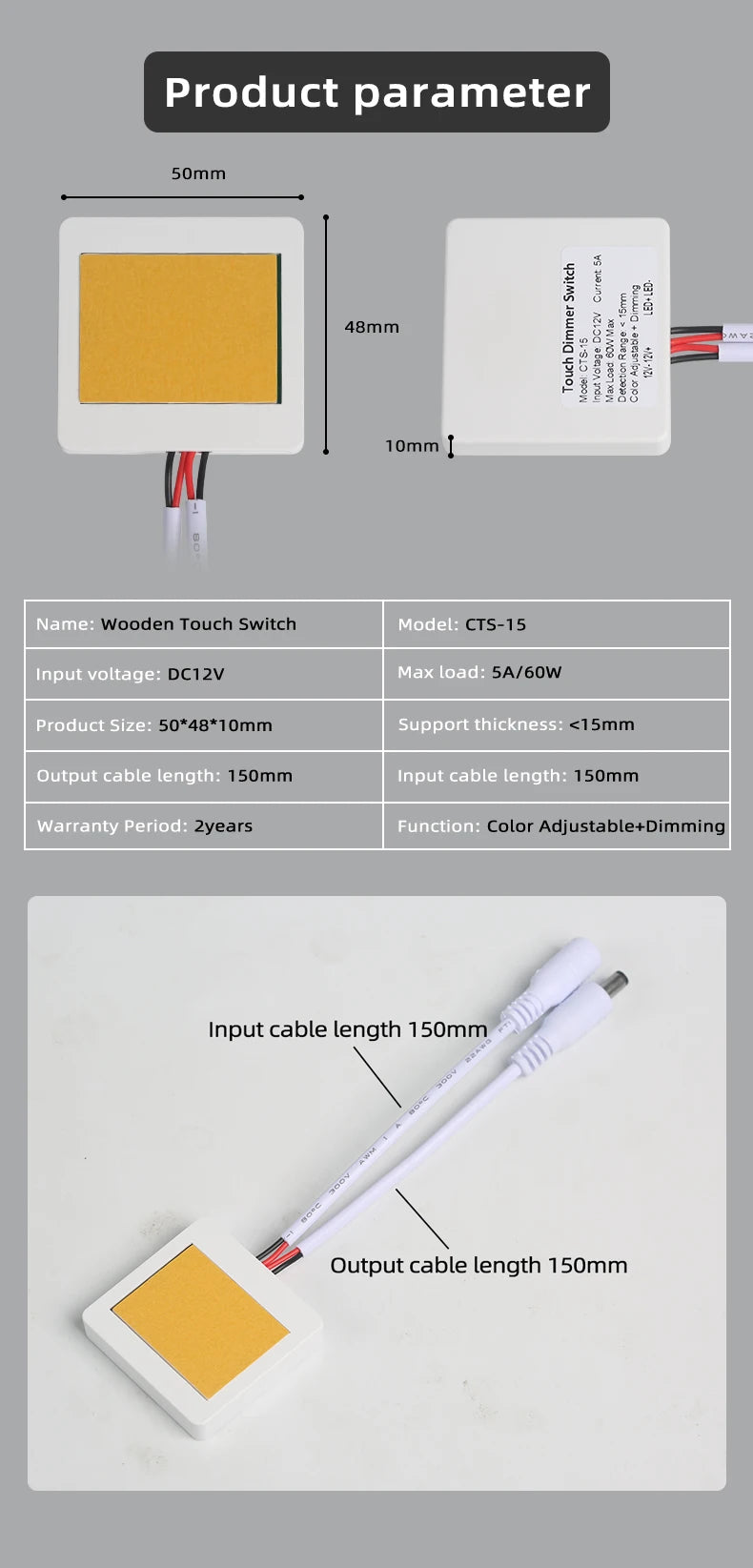 Ultra-thin Penetrating Wood, Marble, Ceramic, Touch-Sensitive Switch 12V 5A 60W LED Touch-Sensor with Stepless Dimming Function