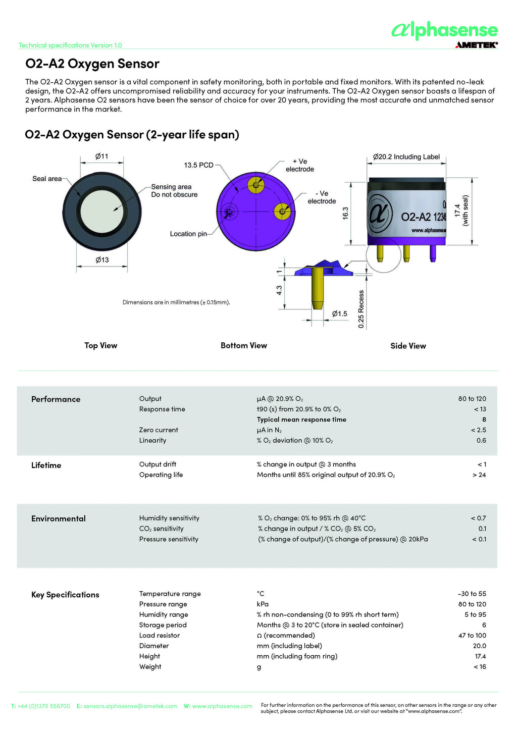 Original ALPHASENSE Safety monitoring Oxygen Sensor O2-A2 O2A2 02-A2 02A2 Gas Sensor Oxygen Battery O2-A3 O2A3 Oxygen Detector