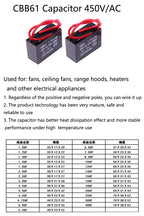 CBB61 Capacitor 450vac Fan Starting Capacitor 450V Fan Capacitors 1UF/1.2UF/1.5UF/2UF/2.5UF/3UF/4UF/5UF/6UF/10UF