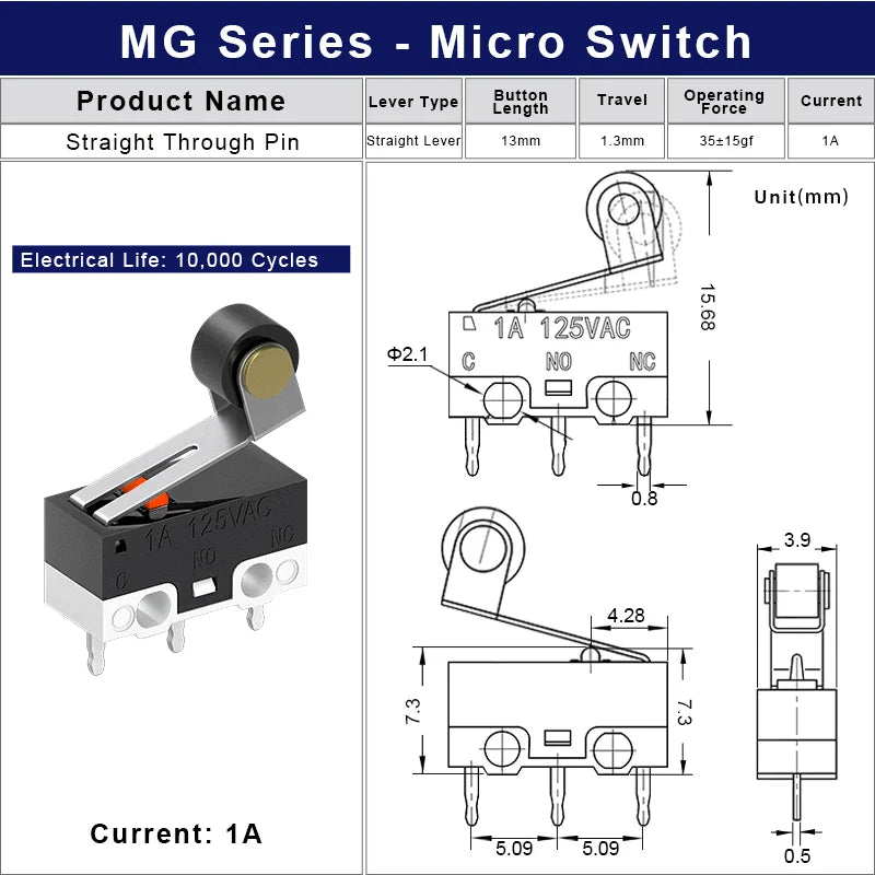 Mini Micro Limit Switch C NO NC 3 Pins PCB Terminals SPDT 1A 125V Roller Arc Lever Snap Action Push Micro Mouse Switches