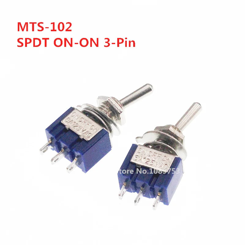 5Pcs Miniature Lever Toggle Switch Single Pole Double Throw ON-OFF-ON /ON-ON 120VAC 6A 1/4 Inch Mounting MTS-102 103 202