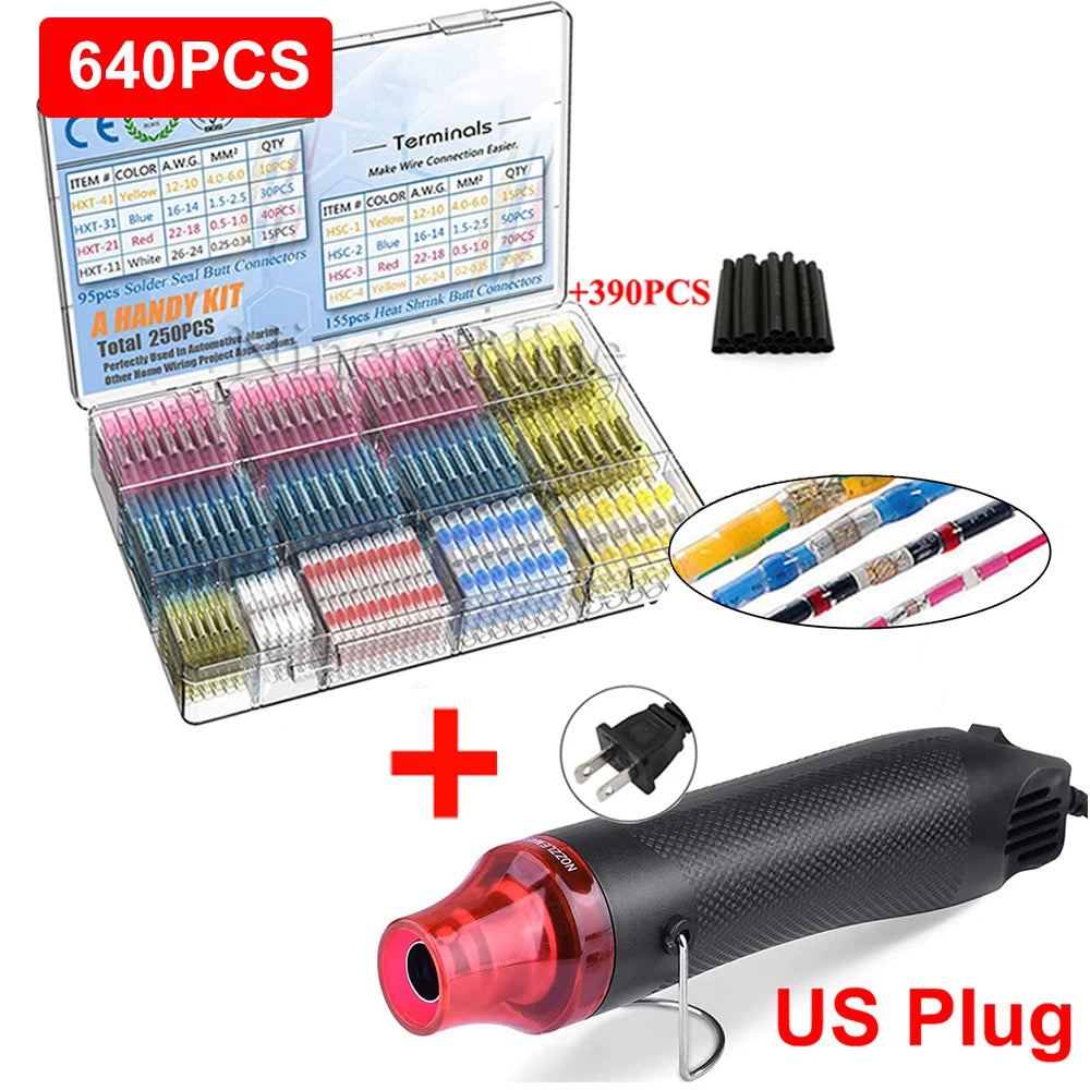 640/250PCS Waterproof Heat Shrink Butt Crimp Terminals Solder Seal Electrical Wire Cable Splice Terminal Kit with Hot Air Gun