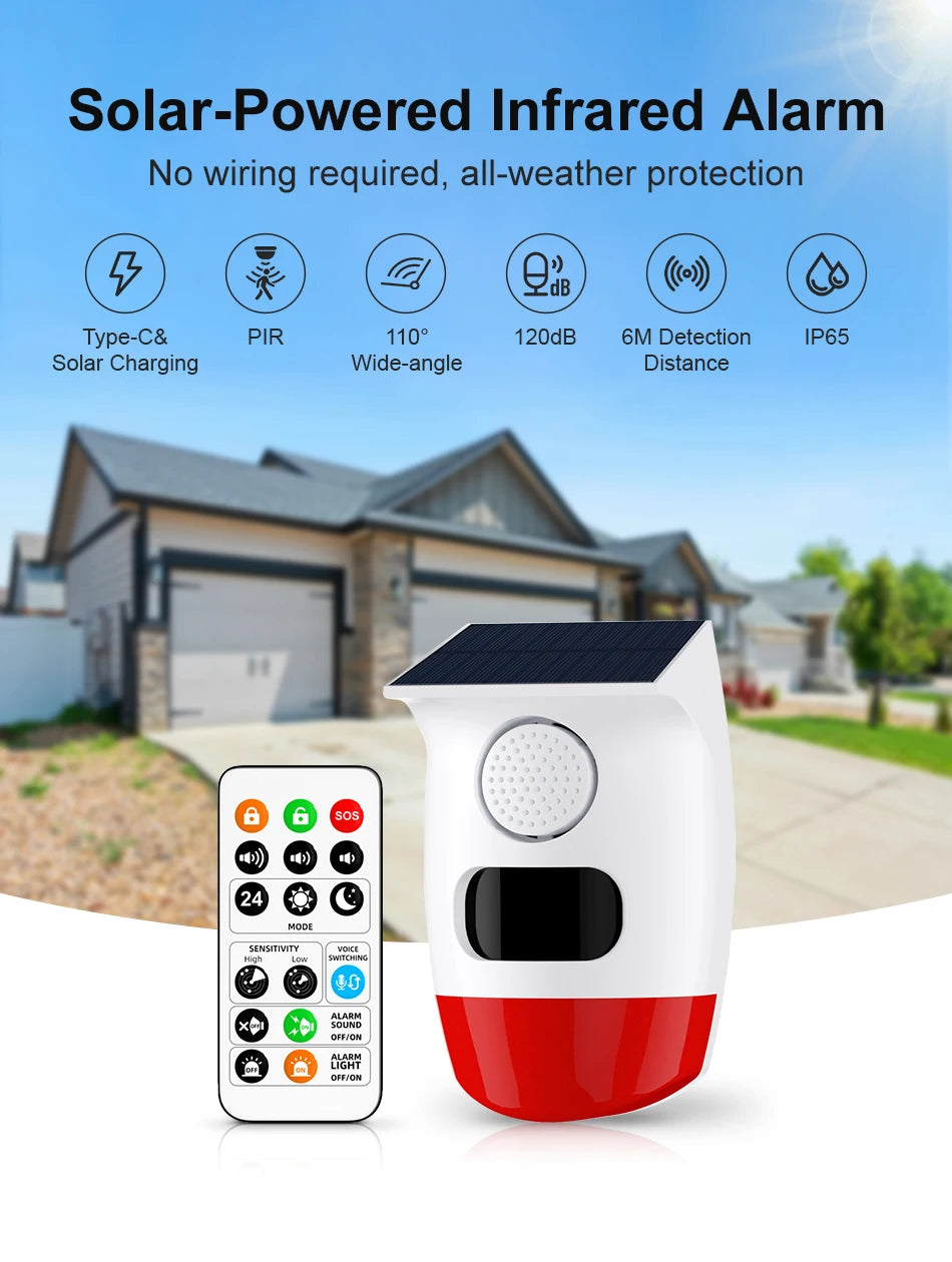 PGST Solar 120dB Independent Alarm Detector PIR Infrared Motion Sensor Siren Horn Home Security Protection Outdoor Waterproof