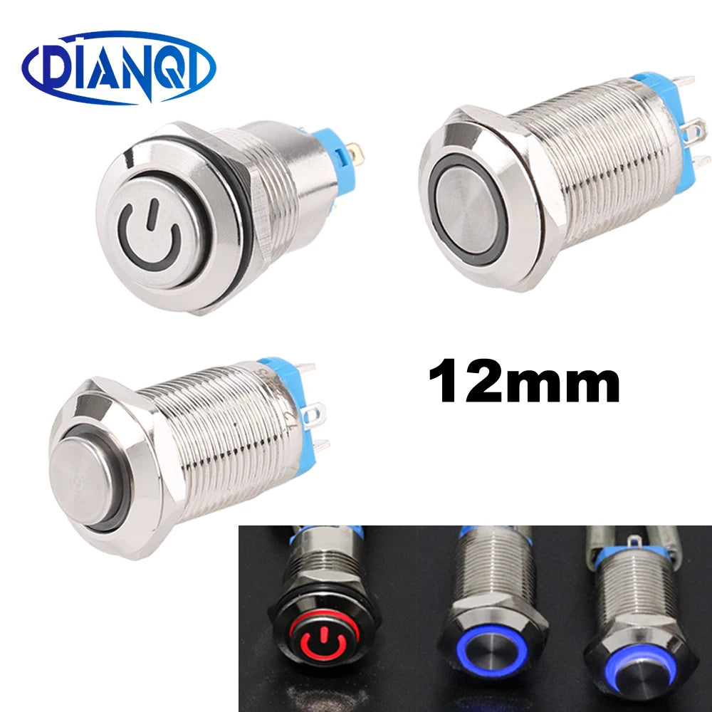 Sliver Push Button Switch 4 Pin 12mm Waterproof Led Light Metal Flat Momentary/Latching Switches with power mark/Ring LED