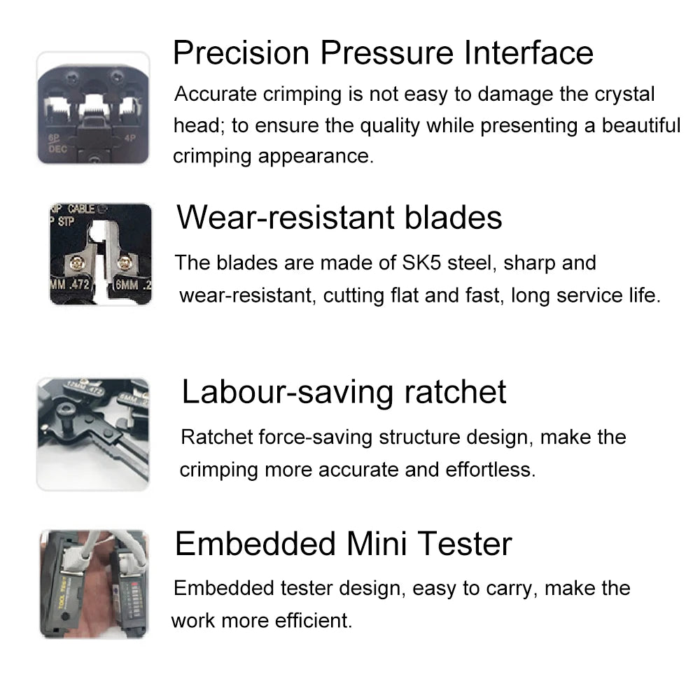 Professional Wire Stripper CAT6 Crystal Head Crimping Tool with RJ45 Cables Meter Tester for 4P/6P/8P Network Cable Cutters