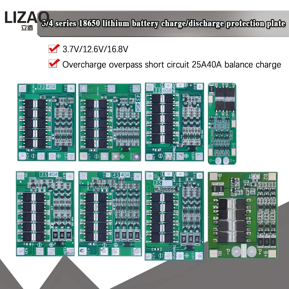 LIZAO 3S 4S BMS 20A 40A 60A 18650 Li-ion Battery Protection Board 11.1V-16.8V Enhanced Balance Charger Module