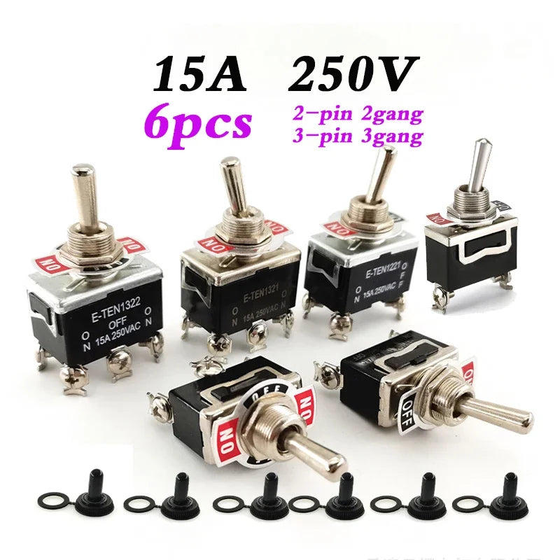 6Pcs Heavy Duty Car Boat Rocker Toggle Switch 15A 250V 2 3 Pin 2 3 Gang SPST ON/OFF Rocker Switches with Boot Spst Rocker Switch
