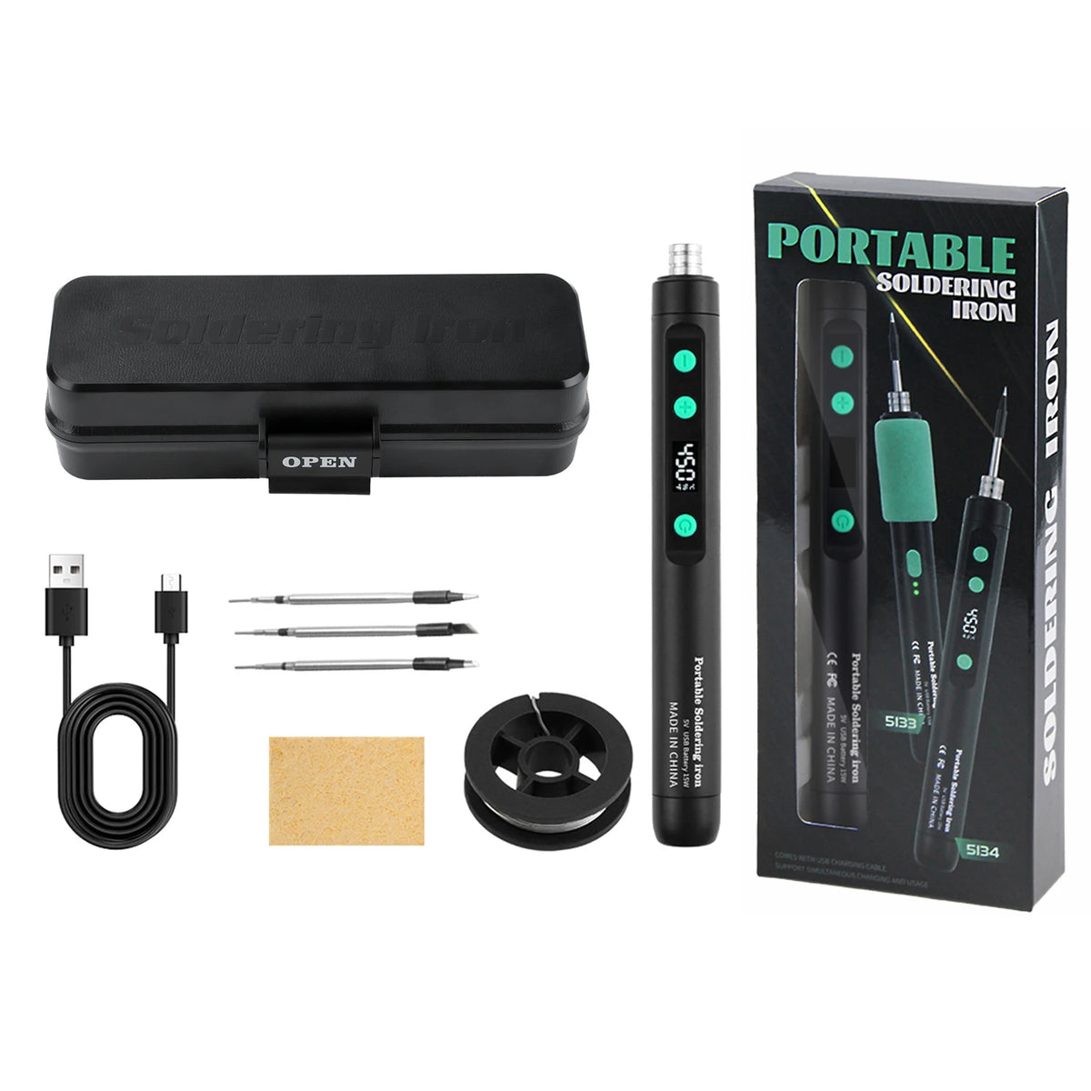 Portable Cordless Soldering Iron Kit with Adjustable Temperature 200-450℃ Type-C USB Charging for Electronics Repair