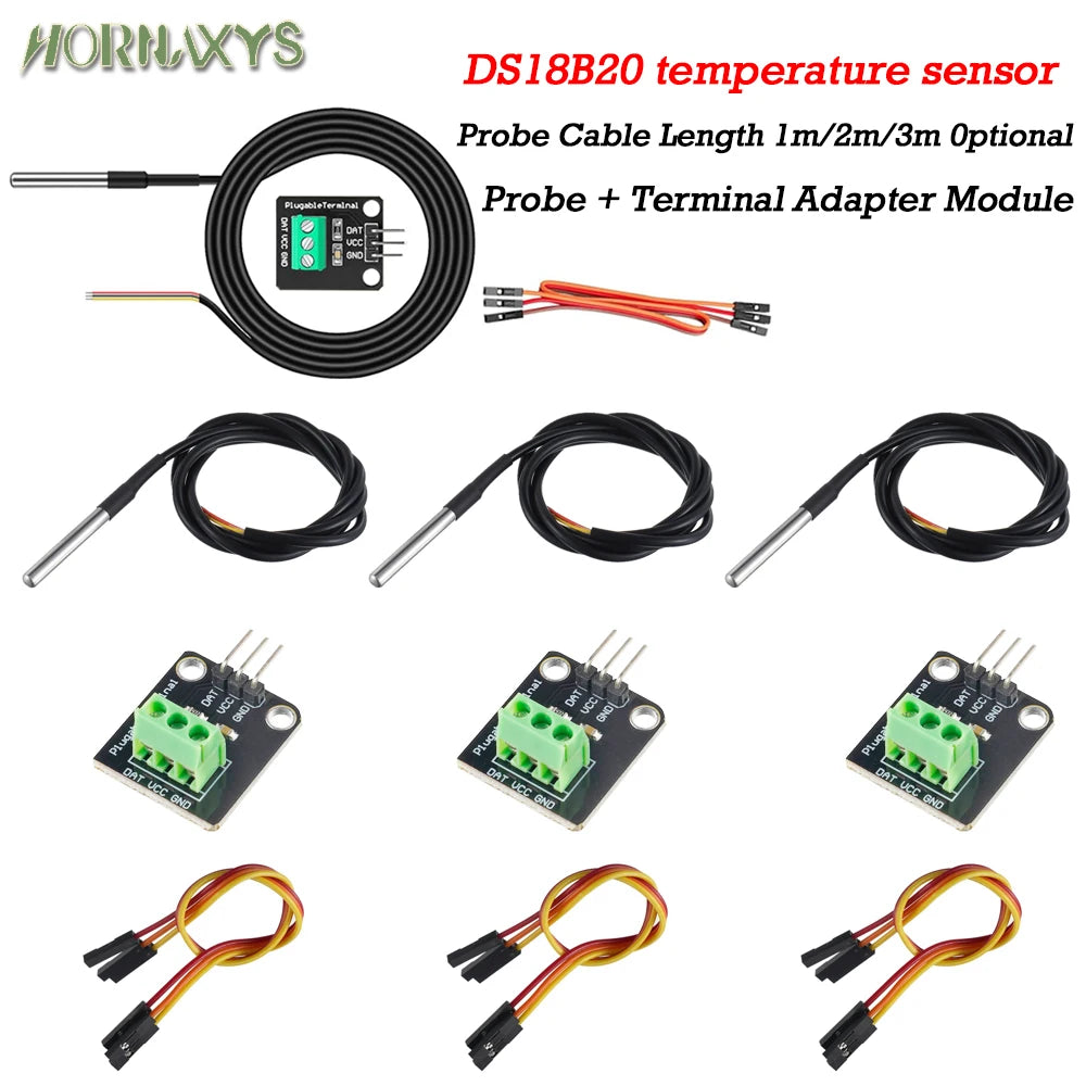 DS18B20 Temperature Sensor Module Kit Waterproof 100CM Digital Sensor Cable Stainless Steel Probe Terminal Adapter For Arduino