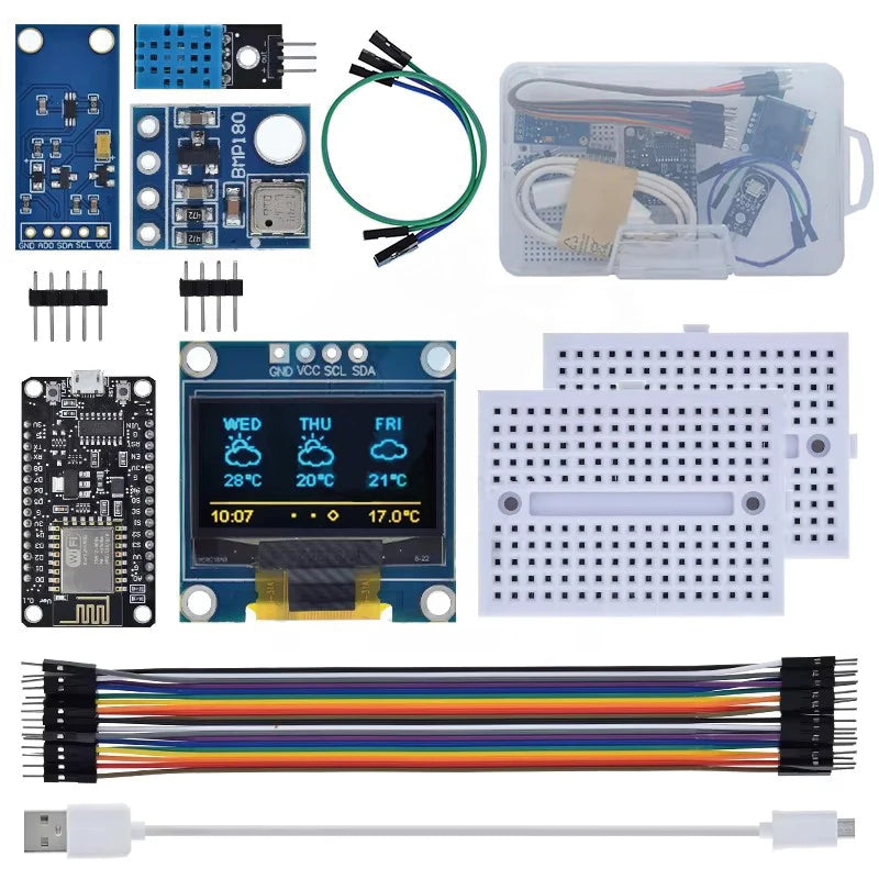 ESP8266 Weather Station Kit, Temperature & Humidity Sensor with OLED Display, Breadboard and Accessories for Arduino IoT Project