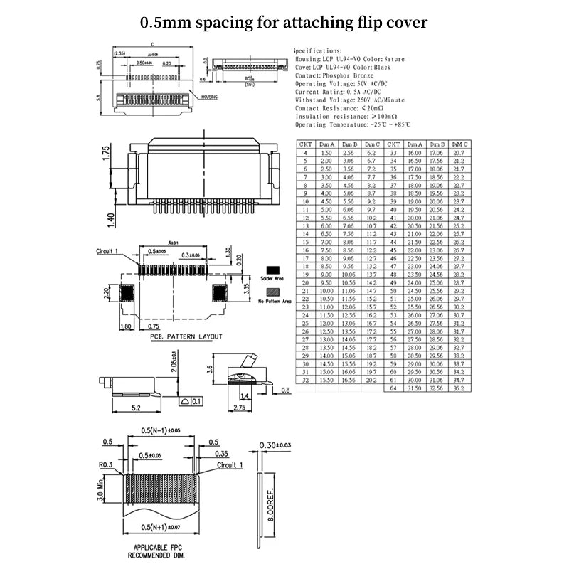 10pcs 4P 5P 6P 8P 10P 12P 14P 16P 20P 22P 24P 30P 34P 0.5mm/1mm Pitch Under Clamshell Socket FPC FFC Flat Cable Connector