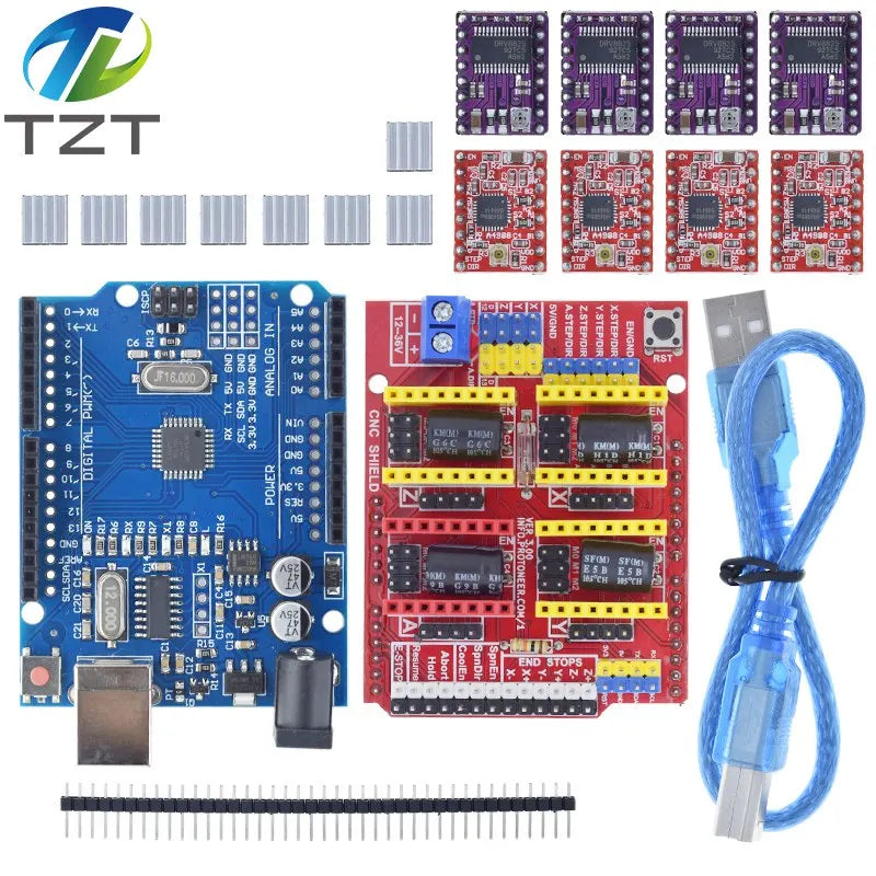 TZTUNO R3 With USB Cable + CNC Shield V3 Engraving Machine 3D Printe+ 4pcs DRV8825 Or A4988 Driver Expansion Board For Arduino