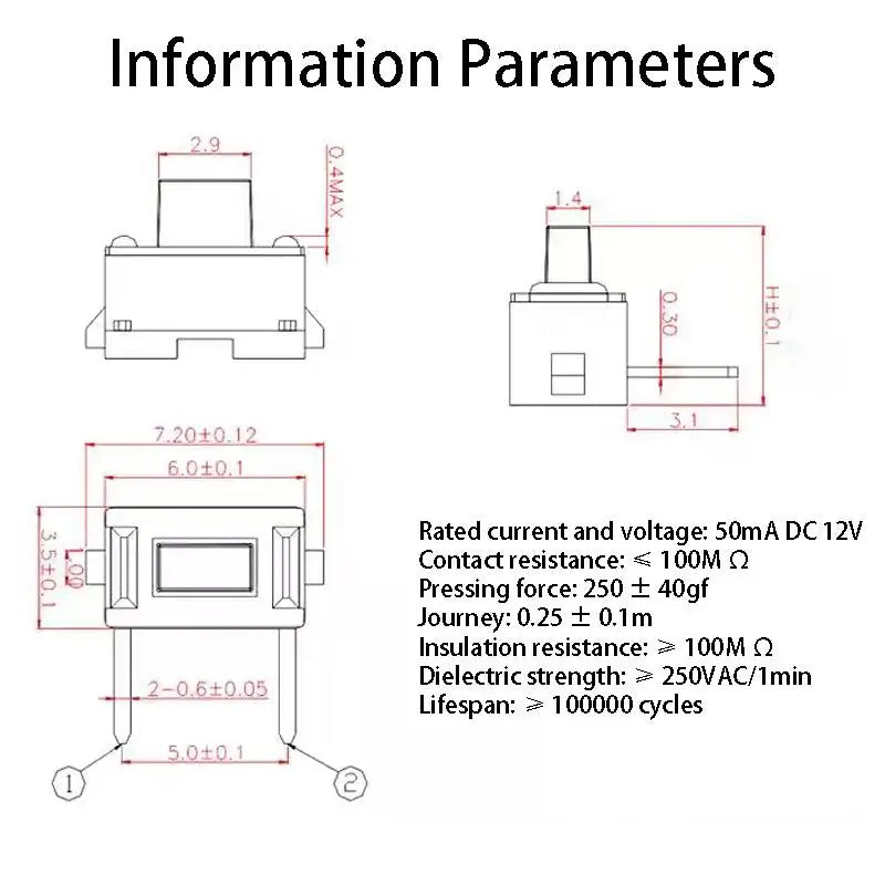 50PCS 3x6 (Side Insertion Two Pin DIP) Mini Tact Switch 3*6*4.3/4.5/5/5.5/6/6.6/7/8mm 50mA DC 12V Micro Push Button Switches