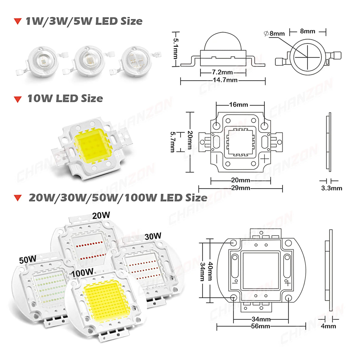 High Power LED Chip 1W 3W 5W 10W 20W 30W 50W 100W Warm Cold White Red Green Blue Yellow SMD Light Bead 1 3 5 10 20 50 100 W Watt