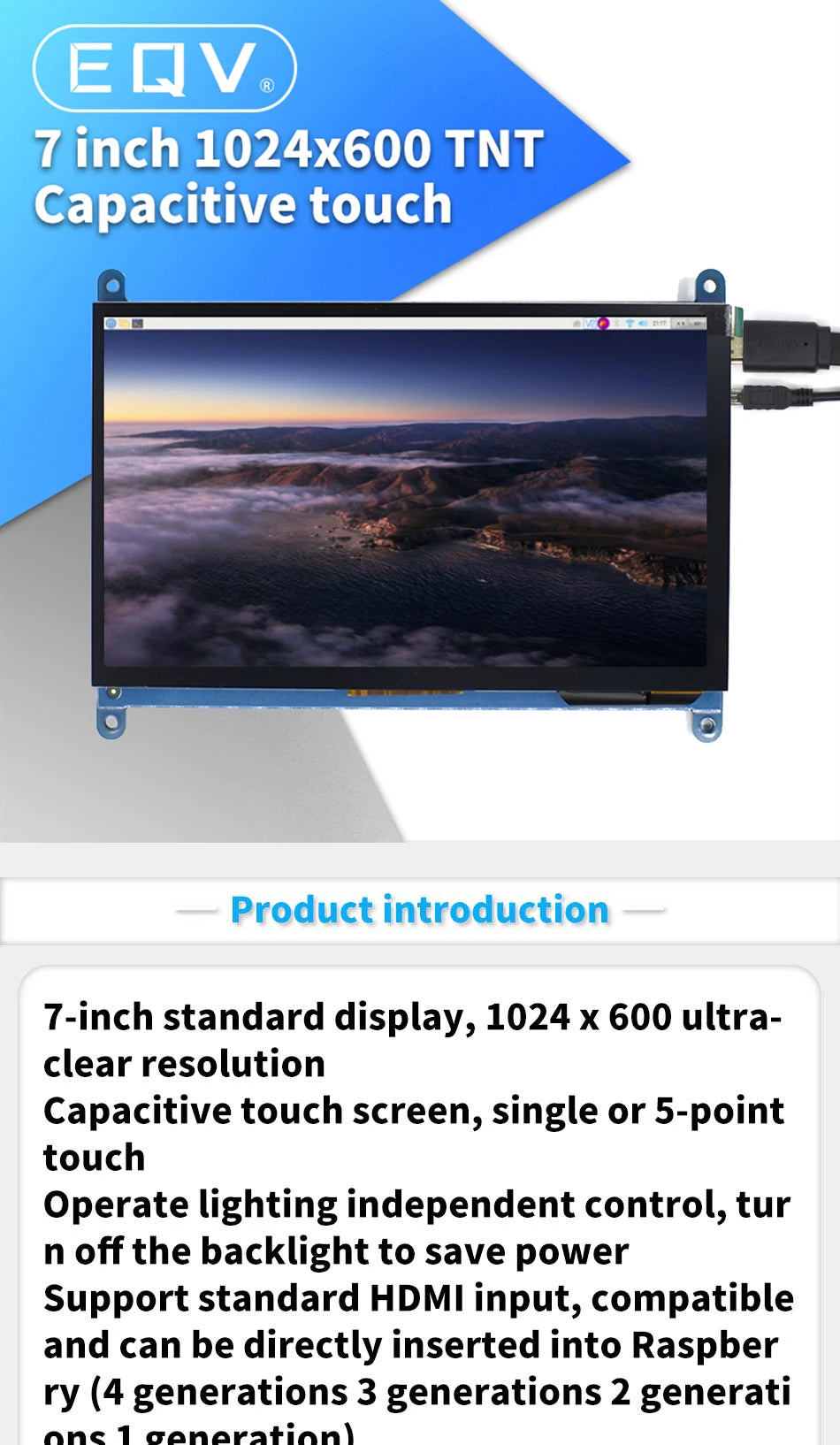 7 inch 1024*600 TNT Capacitive Touch Panel TFT LCD Module Screen Display for Raspberry Pi 3 B+/4b