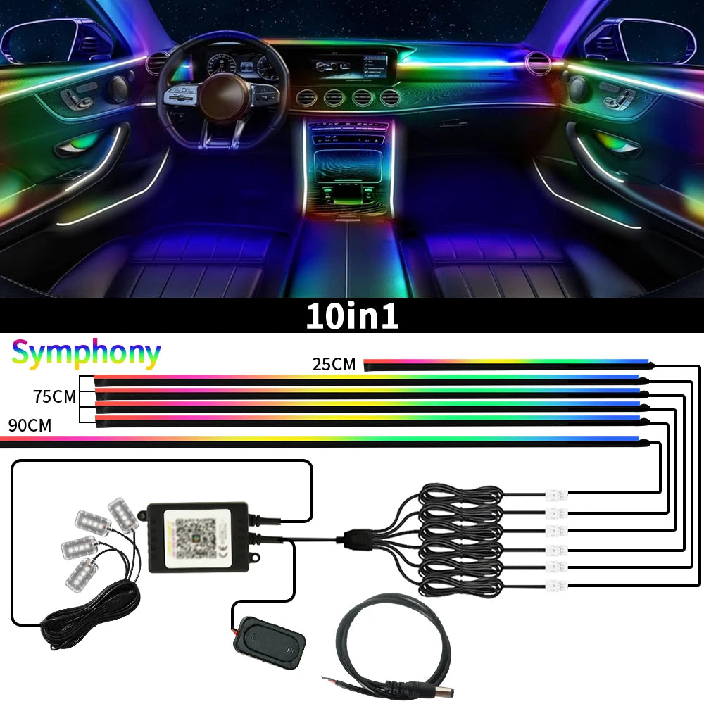 Symphony Car Ambient Lights Kit 18 in 1 LED Interior RGB APP Control Acrylic Guide Strip Light Auto Atmosphere Lamp