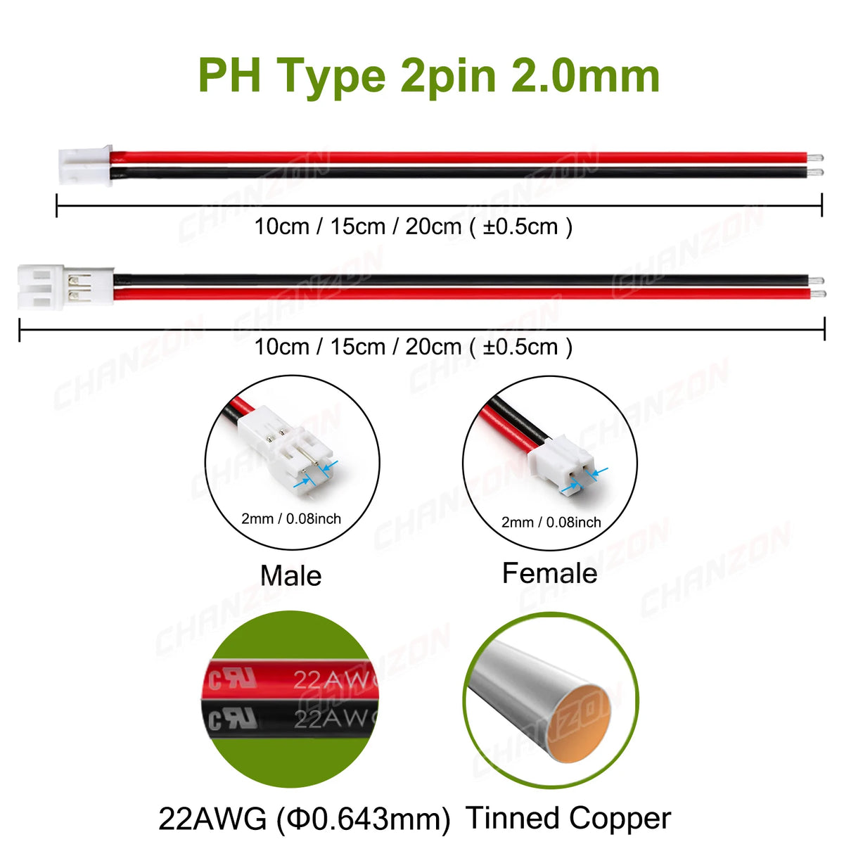22AWG PH 2mm Connector Cable for JST PH2.0 2.0mm 2 Pin Adapter JST-PH 2Pin Micro Battery Male Female Connect Plug RC Extension