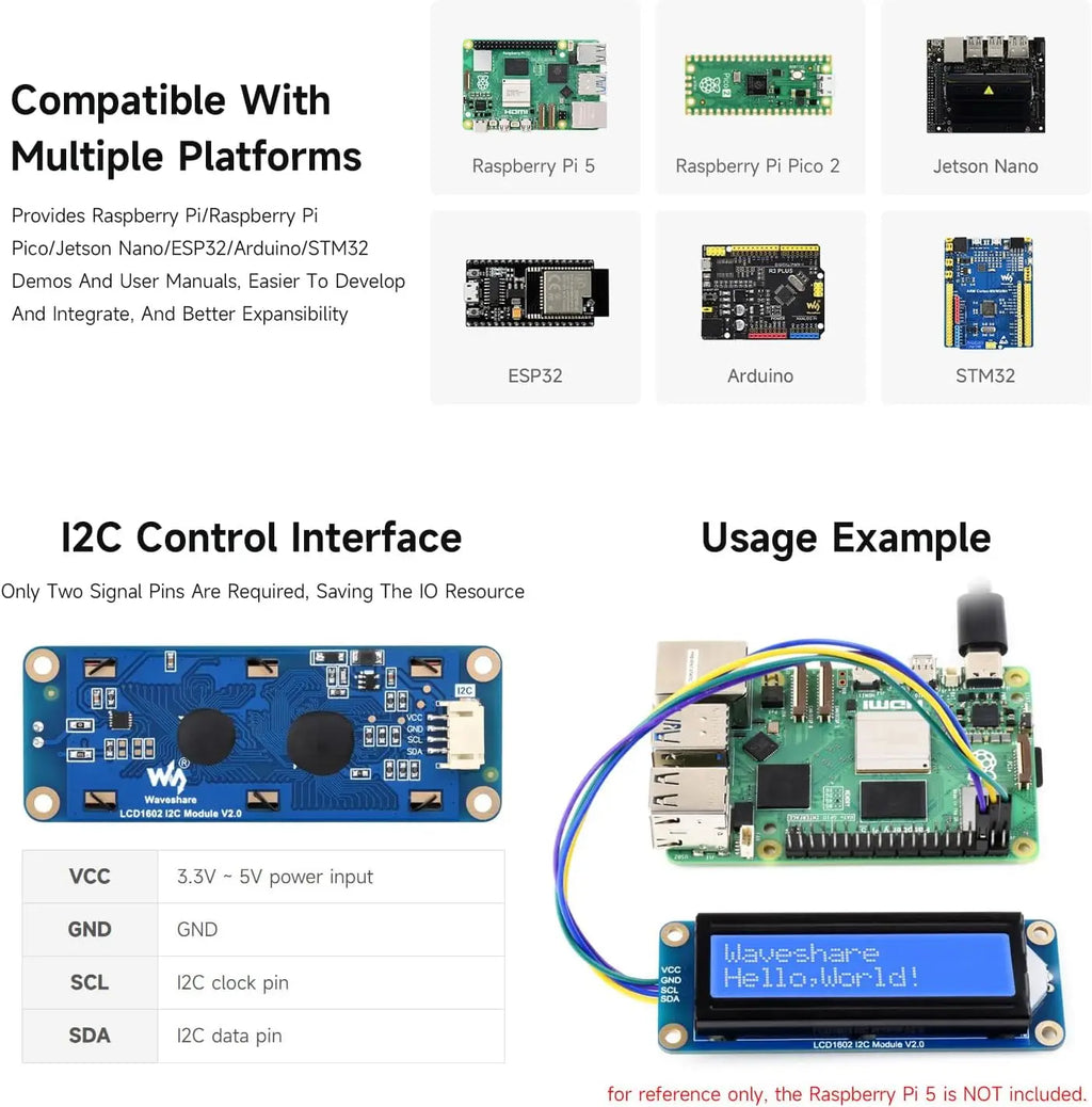 Waveshare LCD1602 I2C LCD Module 16x2 Character 3.3V/5V Backlight Adjustable for Arduino Raspberry Pi  5 Pico ESP32 Jetson Nano