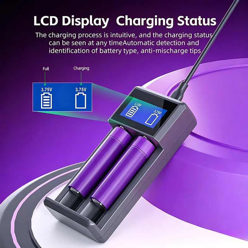 KOSHARE A402 2 Slots LCD Smart Battery Charger For 3.7V 18650 Lithium Rechargeable Batteries Universal With Type-C Port Input