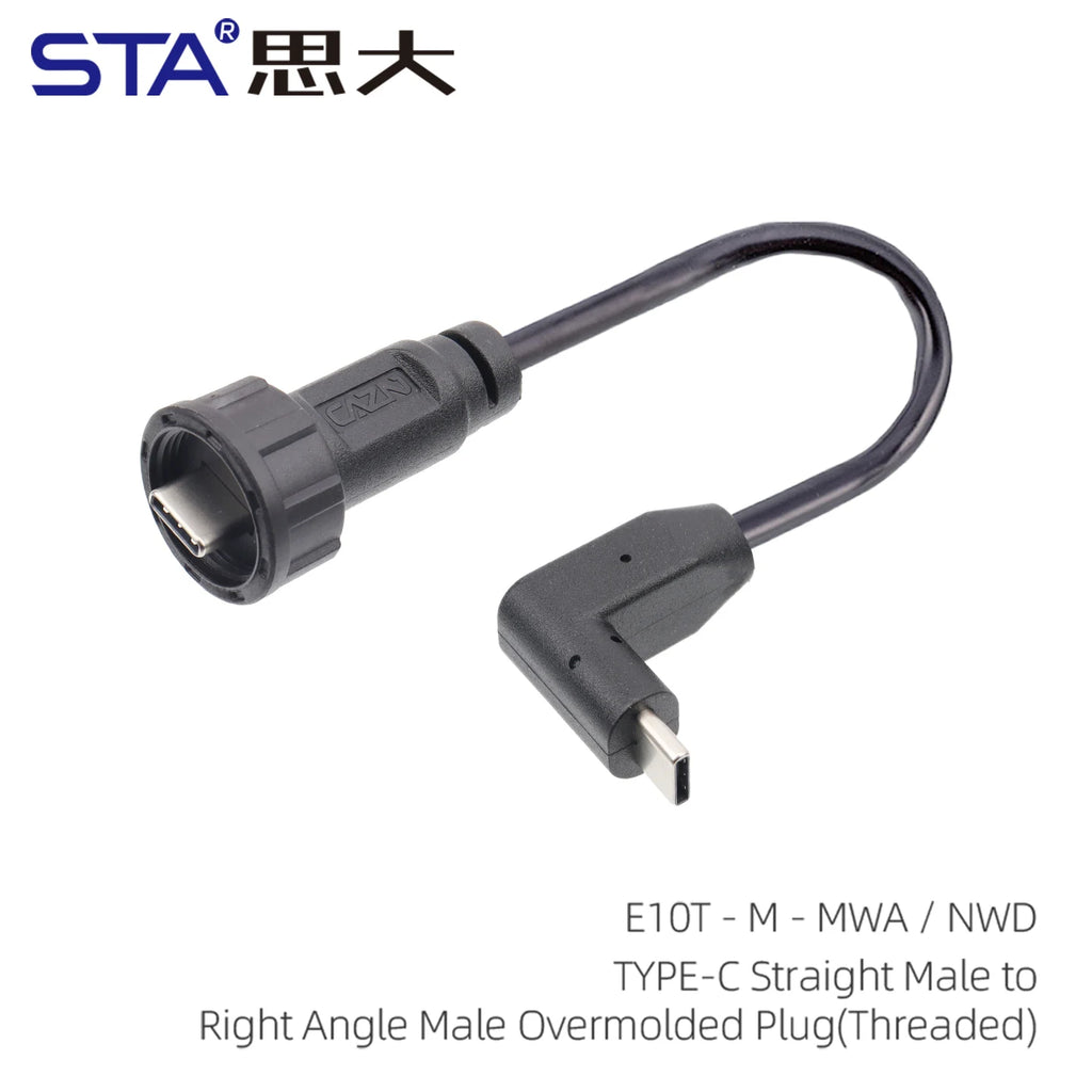 Type-C 3.0 IP67 Waterproof Connector Straight/Angled Male to Male/USB Adapter Molded Cable 0.5/1/2M Fast Charging 10Gbps PD 60W